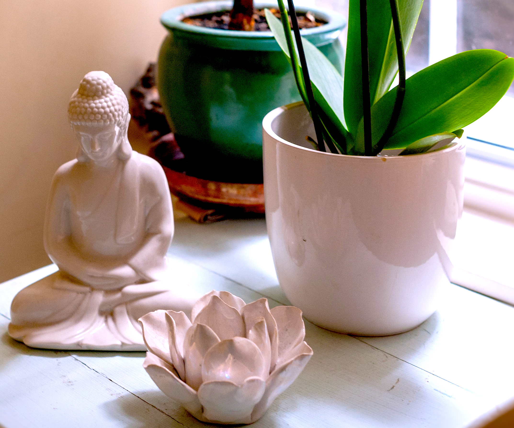 A picture of a ceramic Buddha and lotus flower by a window at The Whole Works Complementary Therapy and Counselling Centre Building